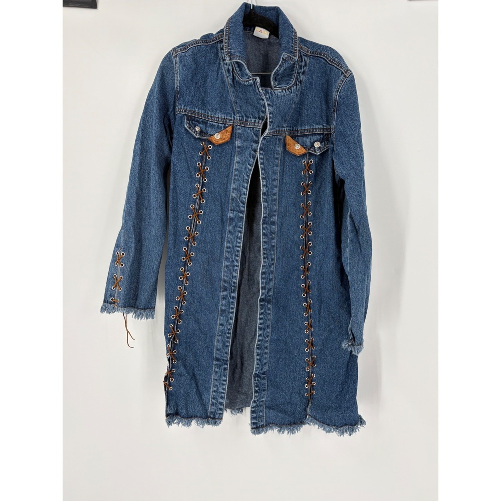 Ethyl Denim Duster Jacket Medium Wash Lace Up Frayed Hem Boho Western Size M - Picture 2 of 6